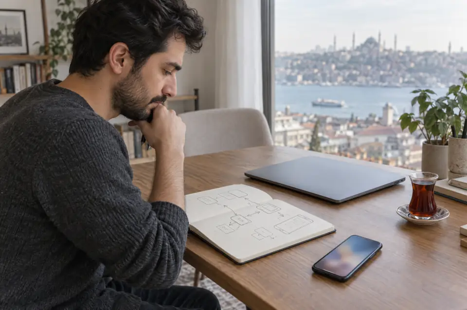 İstanbul manzaralı bir çalışma masasında genç bir geliştirici, defterine çizdiği adım şemasına bakıyor; masada kapalı dizüstü bilgisayar, telefon ve bir bardak çay.