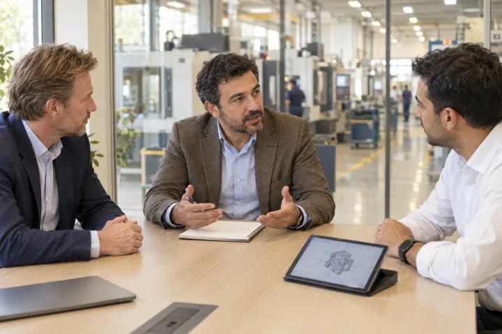 Fabrika toplantı odasında İngilizce–Türkçe ardıl tercüman, yabancı tedarikçi ile Türk üretim mühendisi arasında masa başında konuşmayı aktarıyor; arka planda üretim hattı