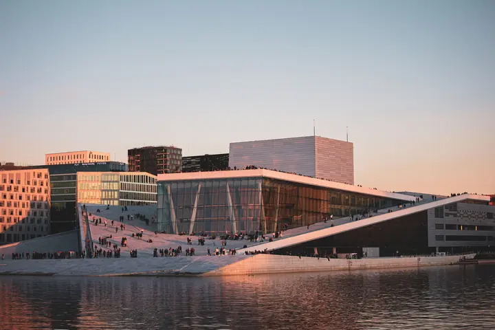 Oslo Opera House and the Bjørvika waterfront buildings at sunset, Oslo, Norway